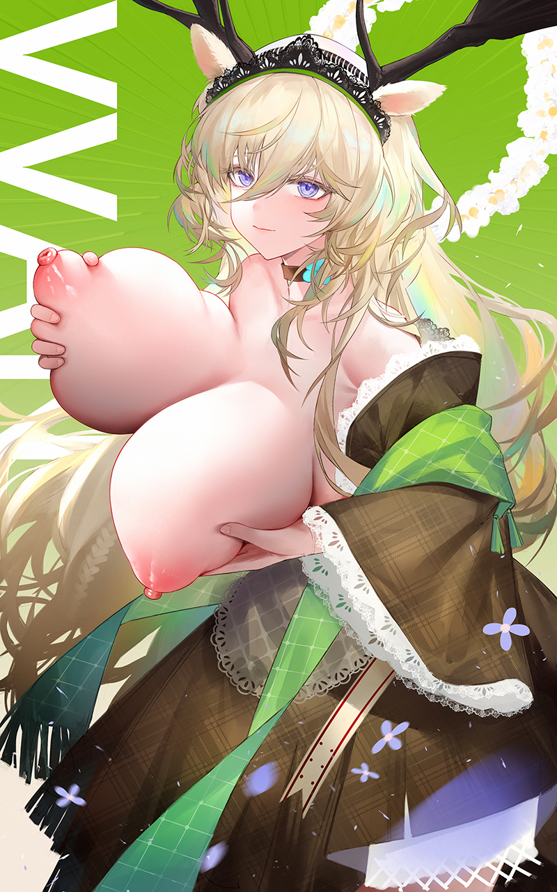 1girl alternate_breast_size animal_ears antlers arknights bare_shoulders black_choker blonde_hair breasts brown_dress choker commentary_request cowboy_shot dress grabbing_own_breast hair_between_eyes highres horns huge_breasts long_hair long_sleeves looking_at_viewer moose_antlers moose_ears moose_girl nipples plaid_clothes plaid_dress purple_eyes smile solo viviana_(arknights) viviana_(sent_from:_ognisko)_(arknights) wide_sleeves yuuki_mix