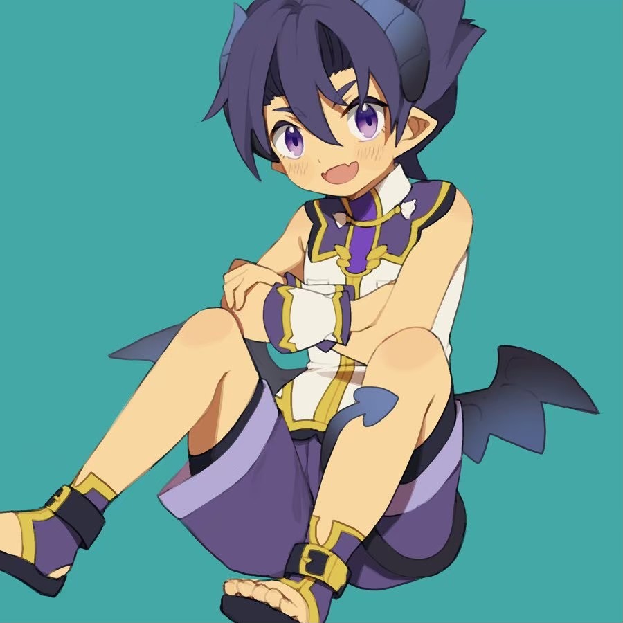 1boy ankle_strap bare_shoulders between_legs blush boxers child crossed_arms demon_boy demon_tail demon_wings great_kichi green_background hair_between_eyes horns looking_at_viewer low_wings male_underwear male_underwear_peek mini_wings open_mouth pointy_ears pop-up_story purple_eyes purple_hair purple_shorts sandals shirt shorts simple_background sitting sleeveless smile solo st._feles_gakuen_uniform tail tail_between_legs tail_wrap underwear white_shirt wings wrist_cuffs ziz_glover
