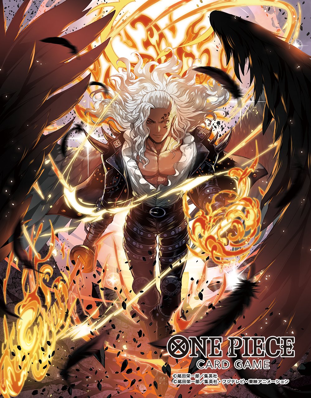 1boy black_feathers black_wings commentary_request copyright_name facial_tattoo feathers fire frilled_shirt frills highres jacket king_(one_piece) leather leather_jacket leather_pants looking_at_viewer male_focus moreshan official_art one_piece one_piece_card_game pants shirt solo tattoo thigh_strap white_hair white_shirt wings