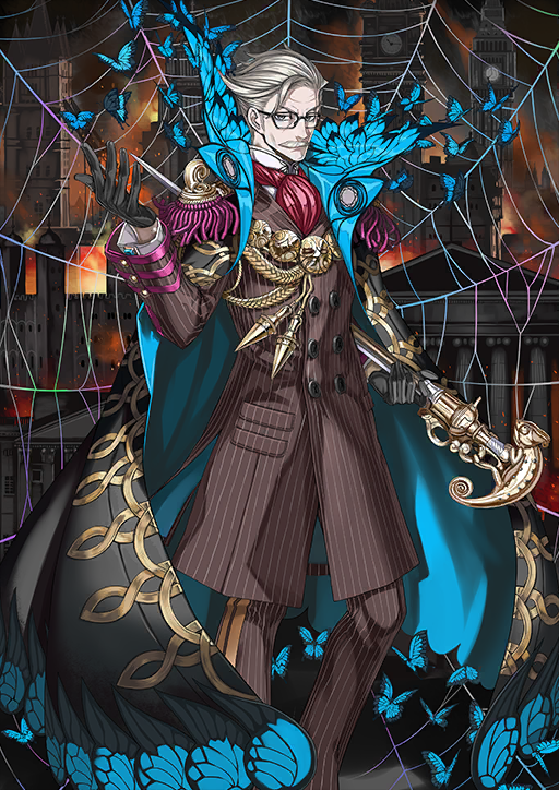 1boy aiguillette architecture ascot black-framed_eyewear black_cape black_gloves blue_butterfly blue_cape brown_coat brown_pants bug building butterfly buttons cane cape chameleon clock clock_tower coat coat_of_arms cuff_links double-breasted dress_shirt embers epaulettes european_architecture facial_hair fate/grand_order fate_(series) feet_out_of_frame fire glasses gloves grey_facial_hair grey_hair hand_up high_collar holding holding_cane honjou_raita insect james_moriarty_(archer)_(fate) lapel_chain layered_sleeves long_sleeves male_focus mature_male mustache official_art old old_man pants pinstripe_coat pinstripe_pants pinstripe_pattern red_ascot shirt short_hair sideburns silk skyline solo spider_web standing third-party_source tower two-sided_cape two-sided_fabric variant_set white_shirt wrinkled_skin