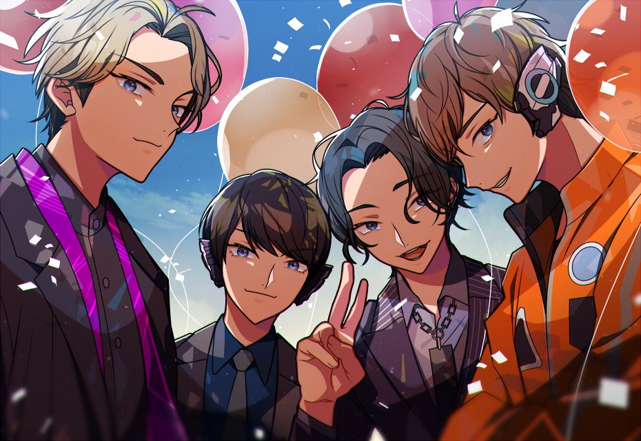 4boys android balloon black_hair black_jacket black_shirt blonde_hair blue_eyes brown_hair celebration headgear headphones hito01 horobi_(kamen_rider_01) humagear_headphones ikazuchi_(kamen_rider_01) jacket jin_(kamen_rider_01) jumpsuit kamen_rider kamen_rider_01_(series) long_sleeves looking_at_viewer male_focus multiple_boys naki_(kamen_rider_01) necktie open_mouth orange_jacket orange_jumpsuit robot_ears shirt short_hair smile
