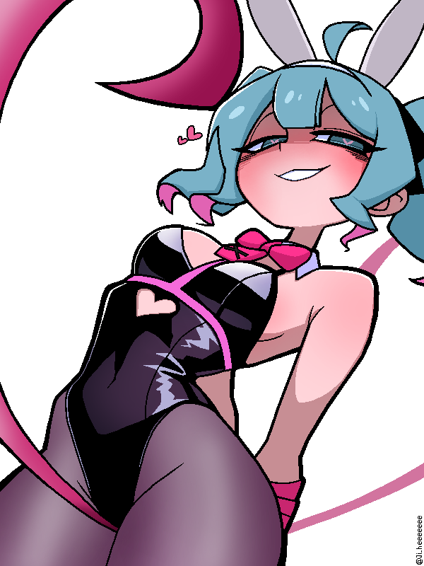 1girl animal_ears arms_behind_back black_leotard black_pantyhose blue_eyes blue_hair blush bound bound_wrists bow bowtie breasts clothing_cutout fake_animal_ears hatsune_miku heart heart-shaped_pupils heart_cutout jaggy_lines ji_heeeeeee korean_commentary leotard looking_at_viewer medium_breasts multicolored_hair pantyhose pink_hair pink_ribbon playboy_bunny rabbit_ears rabbit_hole_(vocaloid) ribbon short_twintails simple_background solo symbol-shaped_pupils twintails vocaloid white_background
