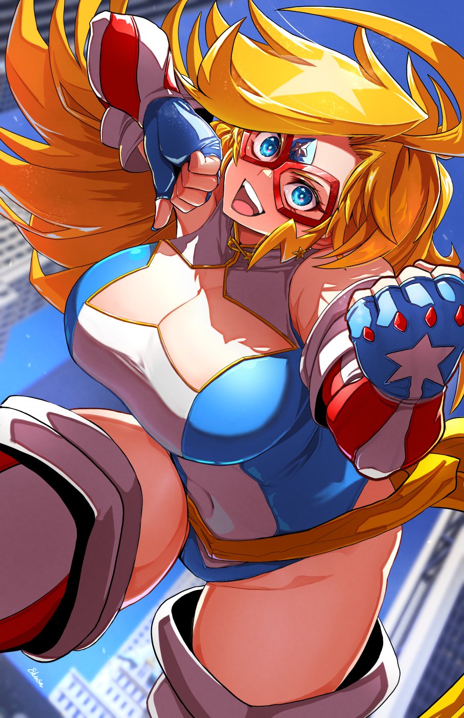 1girl ahoge american_flag american_flag_print blonde_hair blue_eyes blue_sky boots breasts city cityscape cleavage clothing_cutout commentary contrapposto domino_mask earrings elbow_gloves english_commentary eye_mask fingerless_gloves flag_print fujioka_yatsufusa gloves gold_bow highres jewelry kamen_america kamen_america_(comic) large_breasts leotard long_hair looking_at_viewer mask open_mouth patriotism sky smile solo star_(symbol) star_cutout star_earrings striped_clothes striped_footwear superhero_costume vertical-striped_footwear