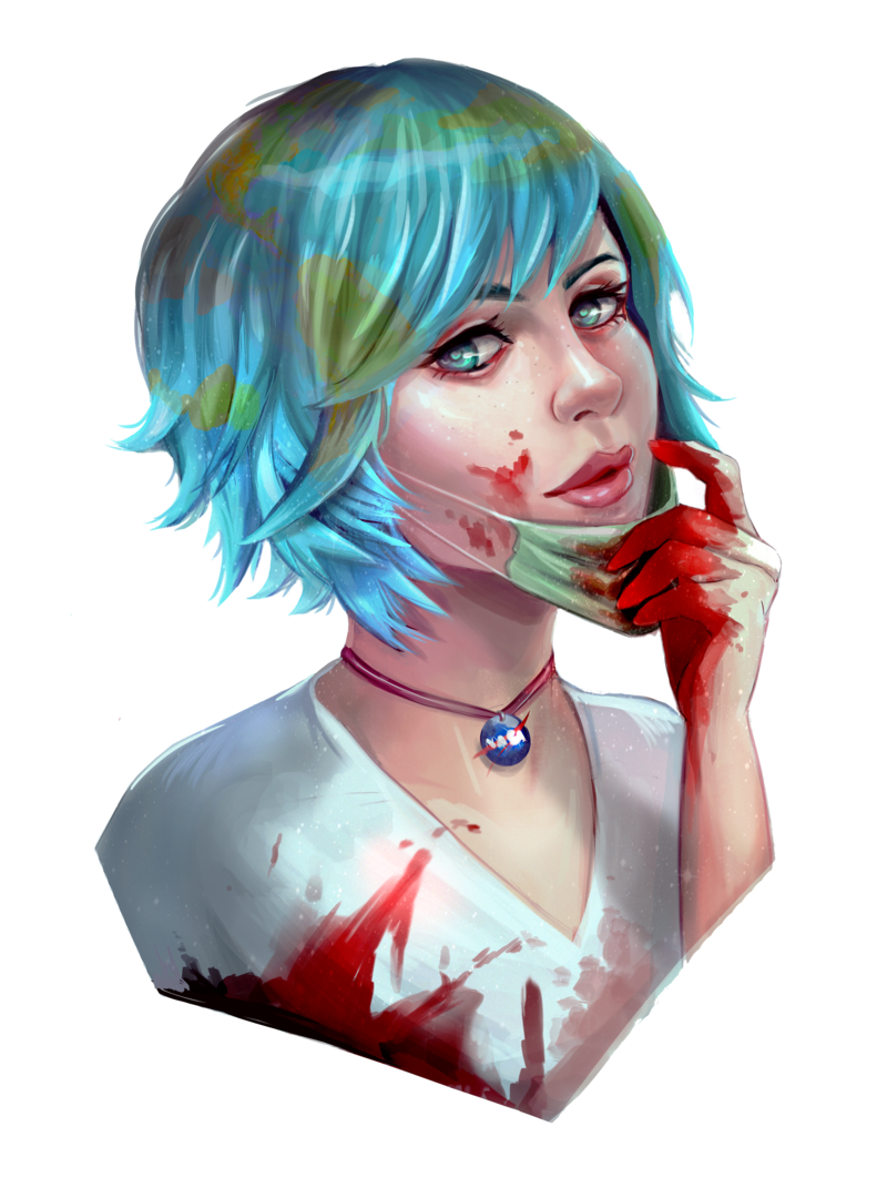 1girl blood blood_on_clothes blood_on_face blood_on_hands blue_eyes blue_hair choker commentary earth-chan female_focus gery_naidenova green_hair jewelry lips long_hair mask mouth_mask multicolored_hair nasa nose original pendant portrait shirt short_hair simple_background solo surgical_mask two-tone_hair white_background white_shirt