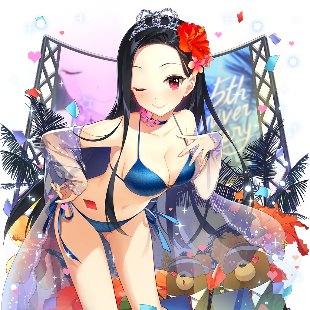 1girl ;) bare_shoulders beach bent_over bikini bird black_hair blue_bikini blush breasts brown_eyes choker clarice_lapis cleavage closed_mouth collarbone confetti contrapposto cowboy_shot fireworks flag flower front-tie_top hair_flower hair_ornament hand_on_own_hip hibiscus innertube jewelry large_breasts leaning_forward lens_flare long_hair long_sleeves looking_at_viewer medium_breasts navel off_shoulder one_eye_closed palm_tree pink_eyes purple_eyes red_eyes rubber_duck salt_(salty) see-through_clothes smile solo sparkle standing string_bikini string_of_flags stuffed_animal stuffed_toy swim_ring swimsuit teddy_bear transparent_background tree uchi_no_hime-sama_ga_ichiban_kawaii very_long_hair water