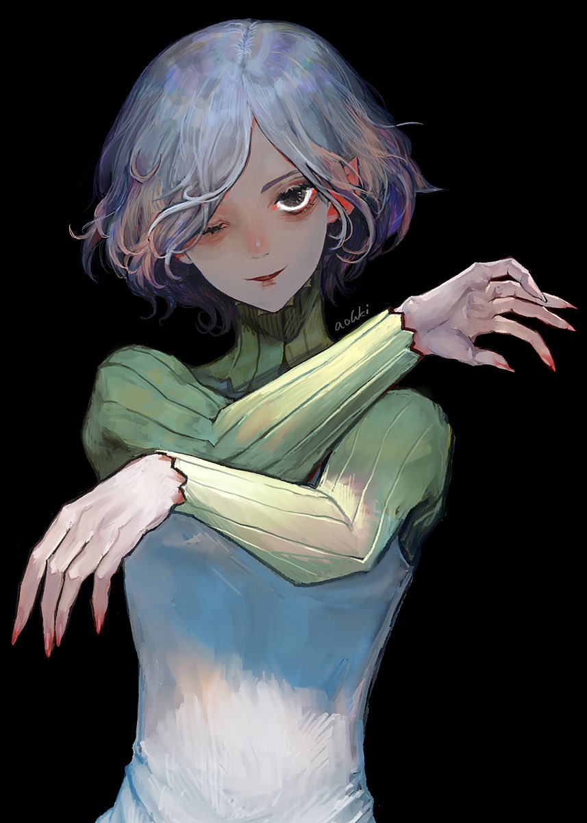 1boy bags_under_eyes black_background black_eyes blood blood_on_hands dungeon_meshi elf fingernails gorget green_shirt grey_hair highres long_fingernails long_sleeves looking_at_viewer male_focus mithrun notched_ear one_eye_closed pointy_ears shirt short_hair smile solo tunic waterstaring