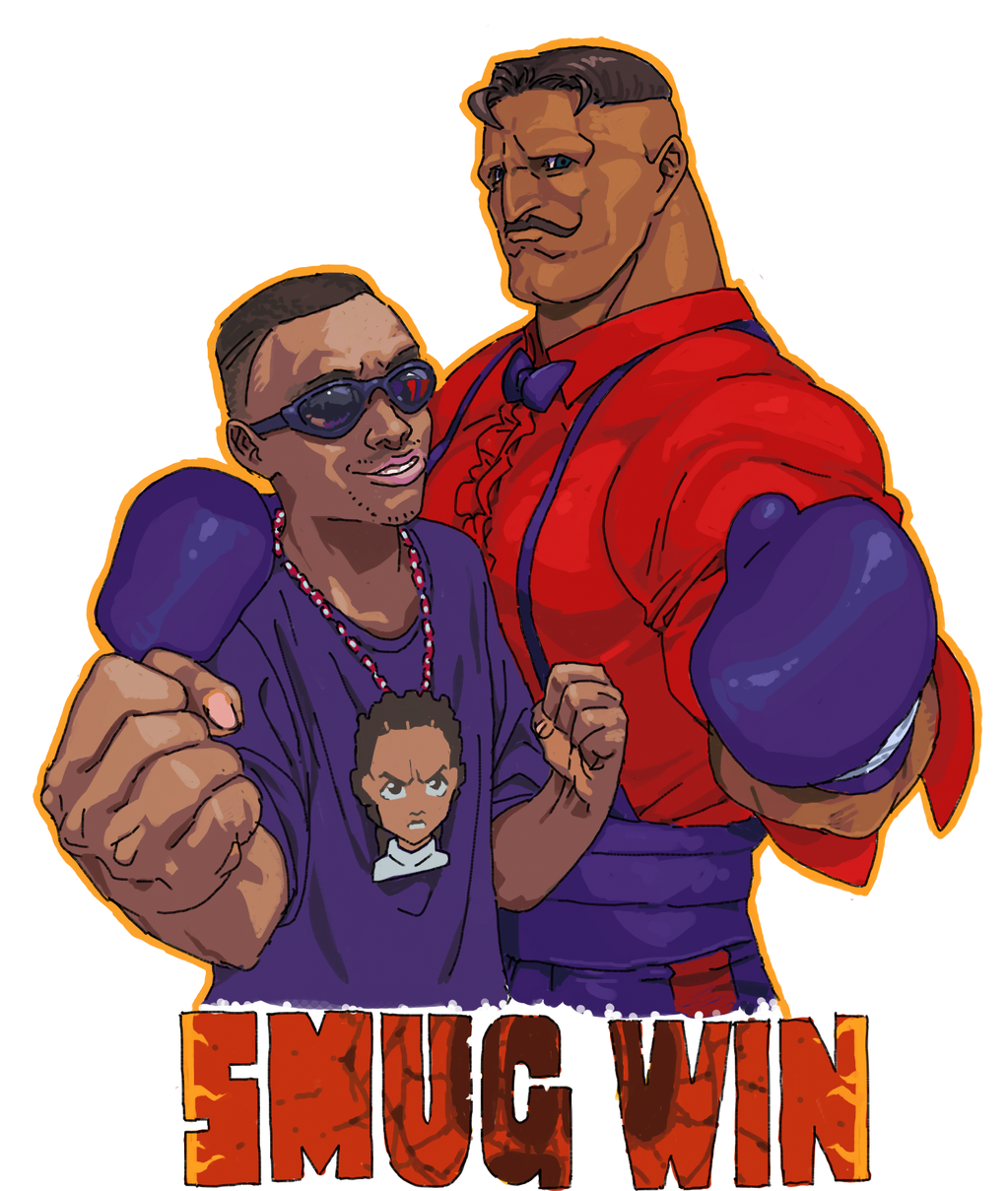 2boys alternate_color bow bowtie boxing_gloves dark-skinned_male dark_skin dudley facial_hair highres lanyard md5_mismatch multiple_boys mustache real_life resolution_mismatch riley_freeman smug_(gamer) source_larger street_fighter sunglasses the_boondocks