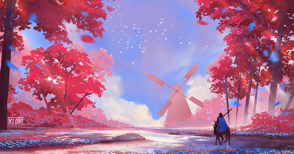 1boy bird blue_cape blue_flower blue_sky cape cloud dirt_road facing_away flock flower forest from_behind horse horseback_riding kloir landscape nature original painterly red_leaf riding road rock sky sunlight tree wind windmill