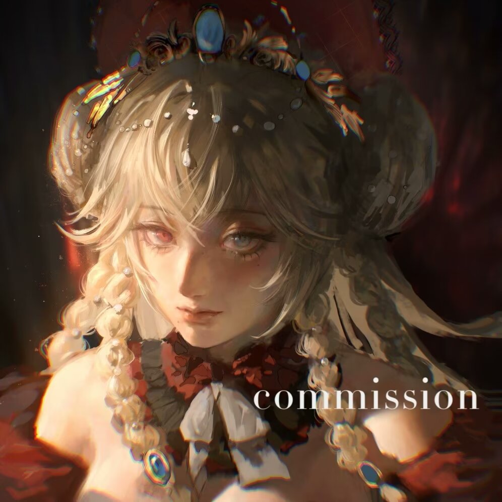 1girl bare_shoulders beads black_background black_collar blonde_hair blue_eyes blue_gemstone bonnet bow braid breasts chinese_commentary circlet cleavage collar commentary_request commission detached_collar double_bun expressionless eyelashes frilled_collar frills gem gem_hair_ornament gold_tiara grey_bow hair_beads hair_between_eyes hair_bun hair_ornament heterochromia large_breasts light_blush long_hair looking_at_viewer multiple_braids original pink_eyes pink_lips realistic red_bonnet red_shawl shashadow shawl solo tiara upper_body watermark