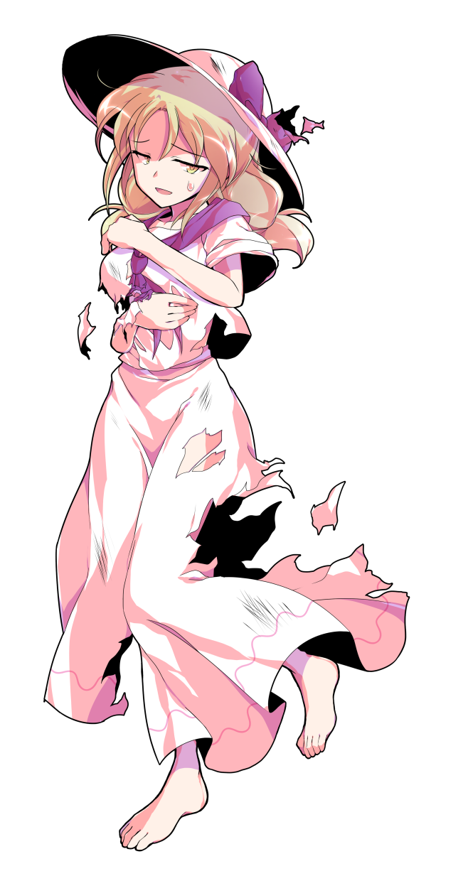1girl barefoot blonde_hair bow commentary_request dairi dress full_body hat hat_bow highres large_variant_set long_hair looking_at_viewer louise_(touhou) neckerchief open_mouth purple_bow purple_neckerchief short_sleeves solo standing sweatdrop torn_bow torn_clothes torn_dress torn_neckerchief touhou touhou_(pc-98) transparent_background variant_set white_dress white_hat