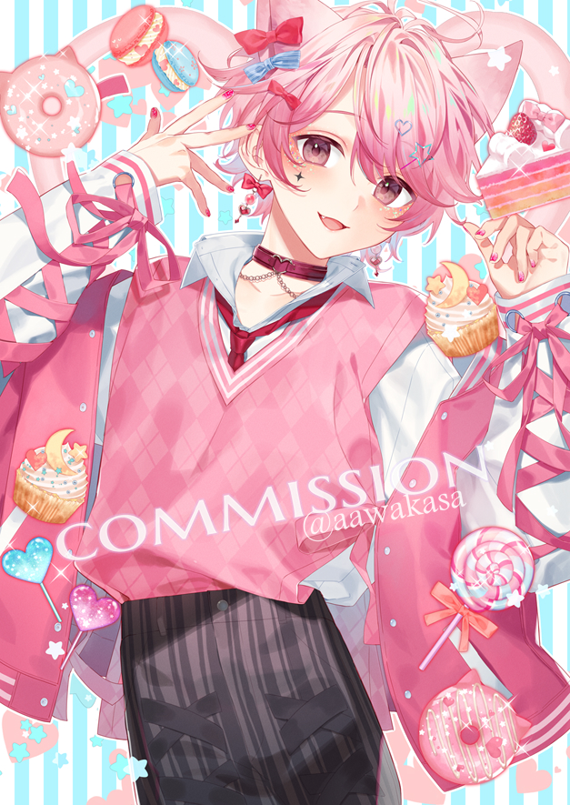 1boy animal_ears black_pants blue_background blue_bow blush bow cake cake_slice candy cat_ears collar commentary commission cowboy_shot cupcake donut earrings english_commentary english_text facial_tattoo fang food hair_bow hands_up head_tilt heart jacket jewelry letterman_jacket lollipop long_sleeves looking_at_viewer macaron male_focus necktie open_mouth original panties pants pink_collar pink_eyes pink_hair pink_jacket pink_vest red_bow red_necktie ryuuki_(hydrangea) skeb_commission smile solo striped_background striped_clothes striped_pants swept_bangs tattoo underwear vest white_background