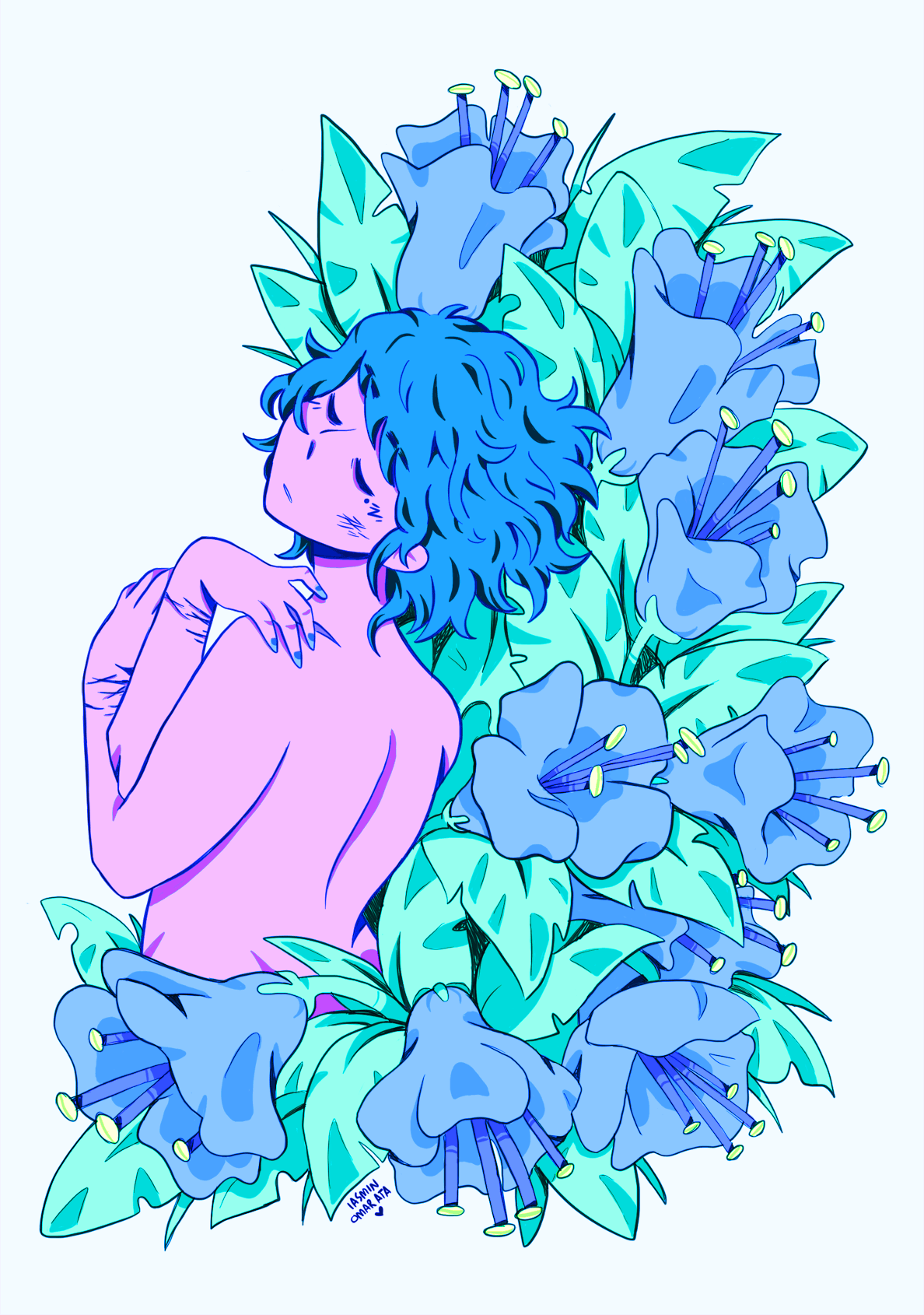 1other androgynous blue_hair bluebell_(flower) closed_eyes commentary deltahead english_commentary flower from_behind grey_background highres original self-harm_scar short_hair signature simple_background solo topless_other upper_body