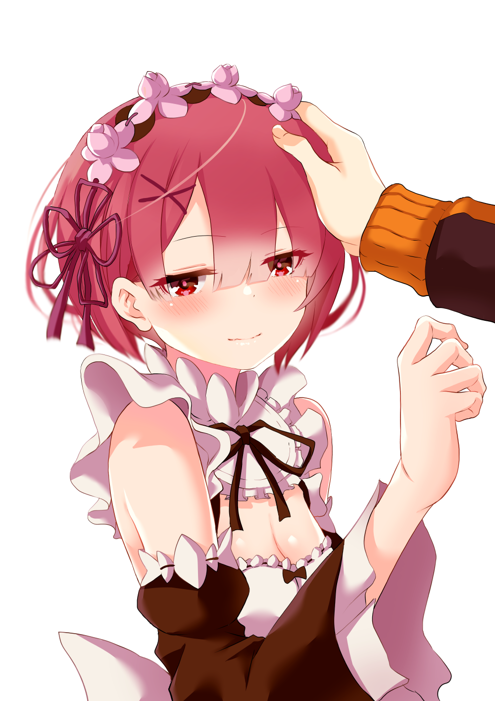1boy 1girl bare_shoulders black_ribbon black_sleeves blunt_bangs blush breasts cleavage commentary_request curled_fingers detached_collar detached_sleeves dress eyebrows_hidden_by_hair flower frills hair_between_eyes hair_ornament hairclip hand_on_another&#039;s_head head_wreath headpat highres long_sleeves looking_at_viewer maid natsuki_subaru parted_bangs pink_hair puffy_sleeves purple_ribbon ram_(re:zero) re:zero_kara_hajimeru_isekai_seikatsu red_eyes ribbon roswaal_mansion_maid_uniform short_hair simple_background small_breasts smile solo_focus upper_body white_background white_dress x_hair_ornament yasehattagi