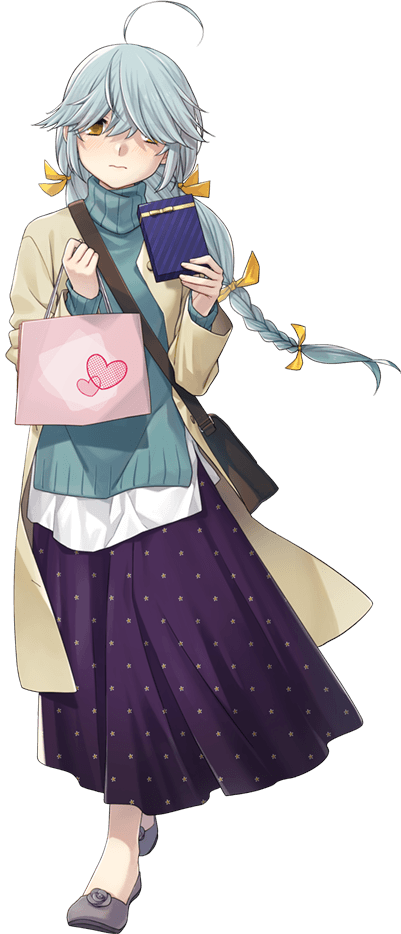 1girl ahoge bag beige_coat blush box braid closed_mouth coat dress fujikawa full_body gift gift_bag gift_box grey_footwear grey_hair hair_over_eyes hamanami_(kancolle) hamanami_(valentine)_(kancolle) heart high_heels holding holding_bag holding_gift kantai_collection long_hair long_sleeves official_art purple_dress shoulder_bag single_braid solo star_(symbol) star_print transparent_background valentine yellow_eyes