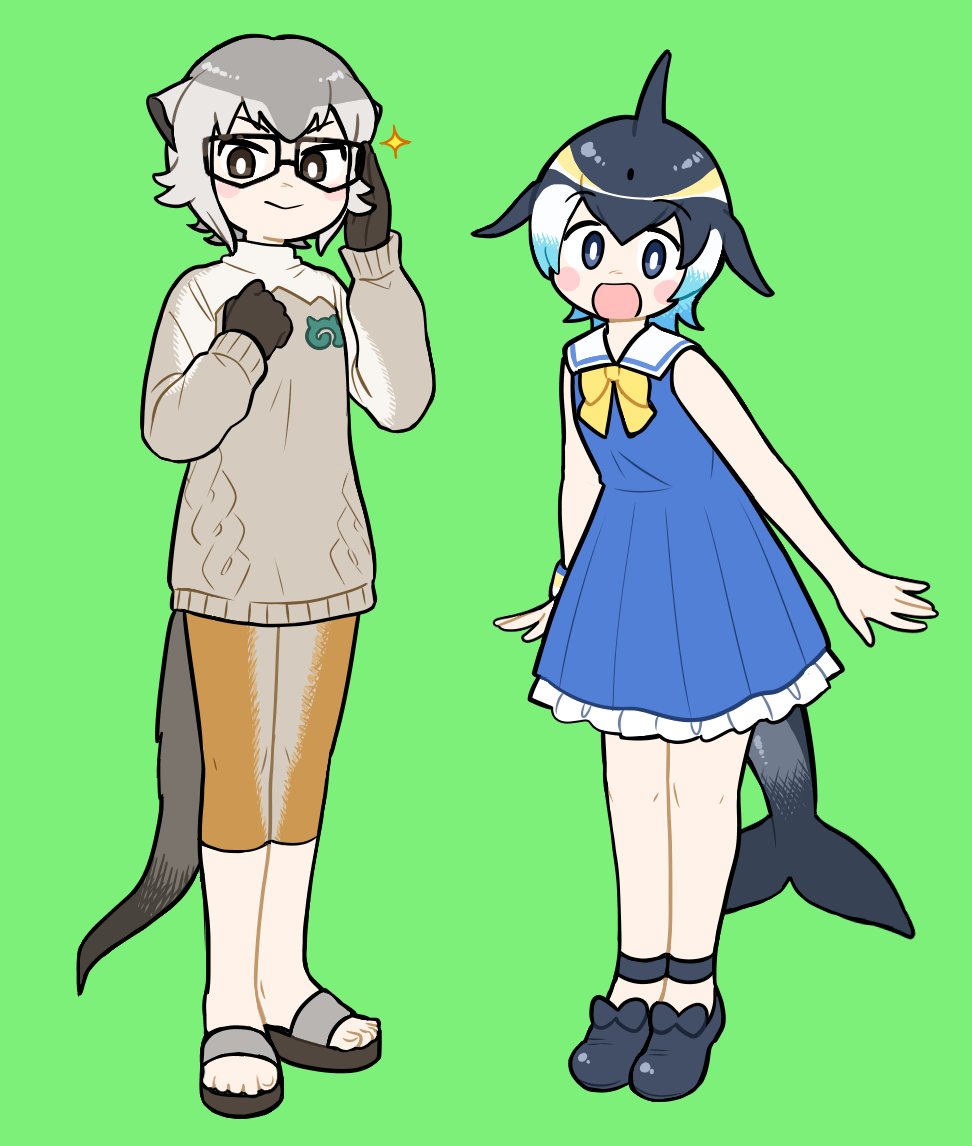 2girls :d adjusting_eyewear black-framed_eyewear black_footwear black_gloves black_hair blue_dress blue_eyes bow bowtie bright_pupils brown_shorts bseibutsu cetacean_tail closed_mouth commentary_request common_dolphin_(kemono_friends) dress fins fish_tail flat_chest frilled_dress frills full_body gloves green_background grey_hair grey_sweater head_fins kemono_friends looking_at_viewer meerkat_(kemono_friends) meerkat_ears meerkat_tail multiple_girls open_mouth sailor_dress sandals shoes short_hair shorts simple_background sleeveless sleeveless_dress smile sparkle standing sweater tail toes white_pupils yellow_bow yellow_bowtie