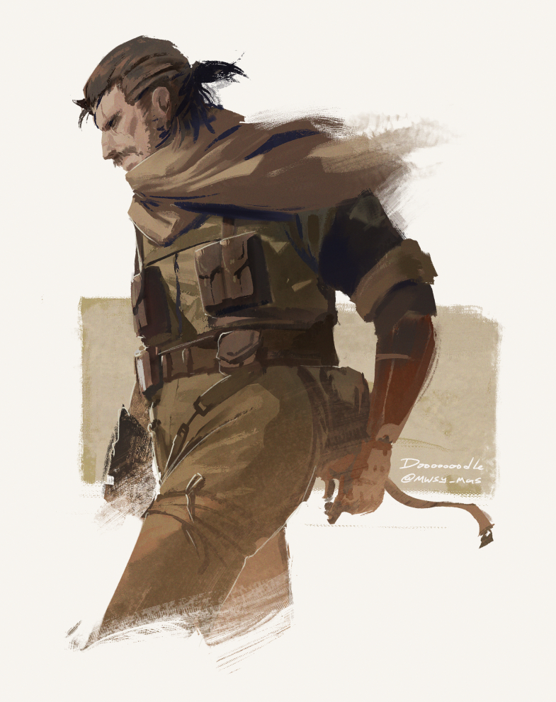 1boy belt black_gloves brown_hair brown_pants brown_scarf camouflage camouflage_jacket cropped_torso facial_hair from_side gloves jacket male_focus mature_male metal_gear_(series) metal_gear_solid_v:_the_phantom_pain mustache pants ponytail prosthesis prosthetic_arm scarf short_ponytail sideburns solo souyuu twitter_username venom_snake