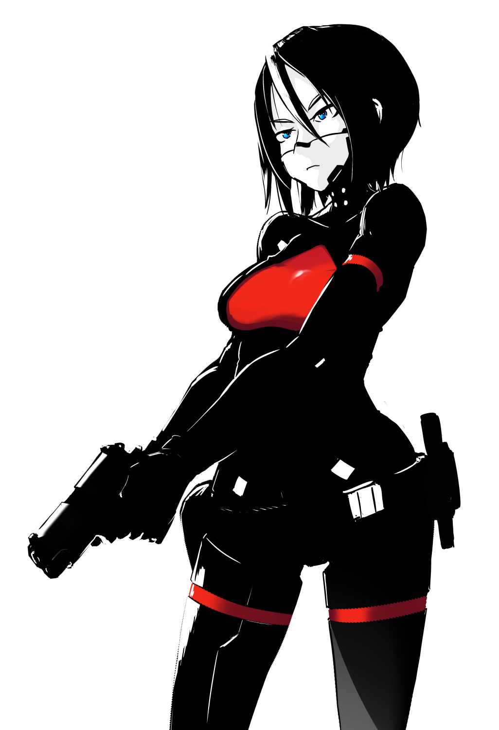 1girl android belt black_hair blue_eyes colored_skin cz_75 elster_(signalis) gun handgun highres holding holding_gun holding_weapon holster pistol sate signalis simple_background solo tagme type-75_protektor weapon white_background