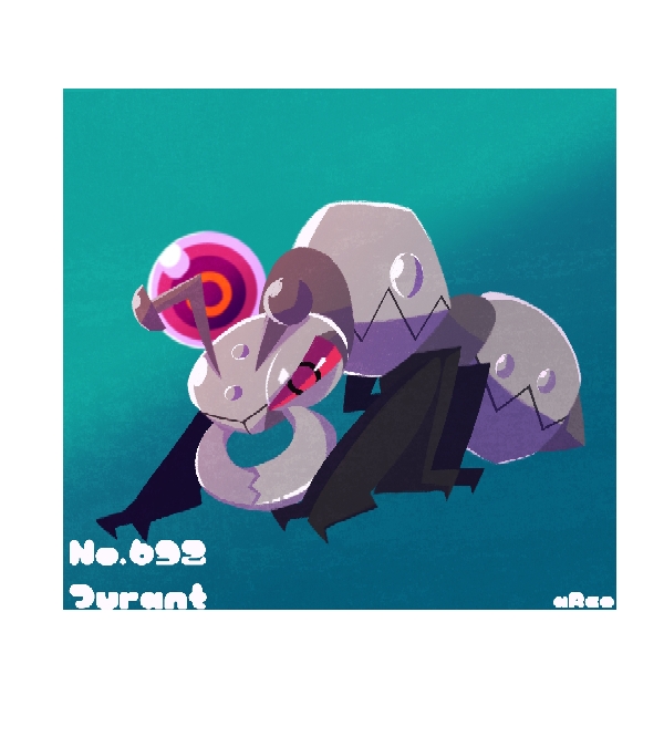 ant border bug character_name commentary_request durant gen_5_pokemon green_background insect life_orb nintendo no_humans pokemon pokemon_(creature) purple_eyes sakanagi_(a_r_co) solo white_border