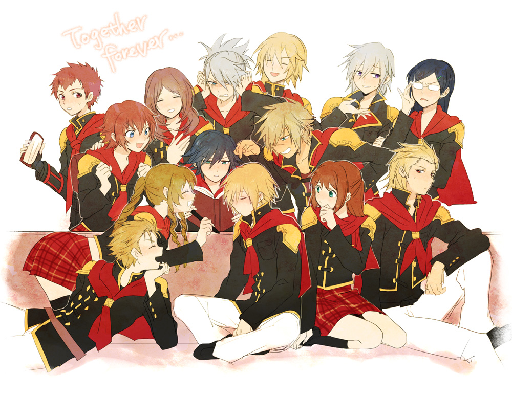 6+boys 6+girls ace_(fft-0) akademeia_uniform black_hair blonde_hair blue_eyes blush book braid brown_eyes brown_hair cake cape card cater_(fft-0) cinque_(fft-0) deuce_(fft-0) drill_hair eight_(fft-0) everyone final_fantasy final_fantasy_type-0 fingerless_gloves food glasses gloves green_eyes gun hair_over_one_eye heke holding instrument jack_(fft-0) jacket katana king_(fft-0) kurasame_susaya long_hair looking_at_viewer military military_uniform multiple_boys multiple_girls nine_(fft-0) open_mouth plaid_clothes plaid_skirt pleated_skirt ponytail queen_(fft-0) red_cape red_eyes red_hair scar scarf school_uniform seven_(fft-0) short_hair sice_(fft-0) simple_background skirt smile sword thighhighs tokimiya_rem trey_(fft-0) weapon white_hair