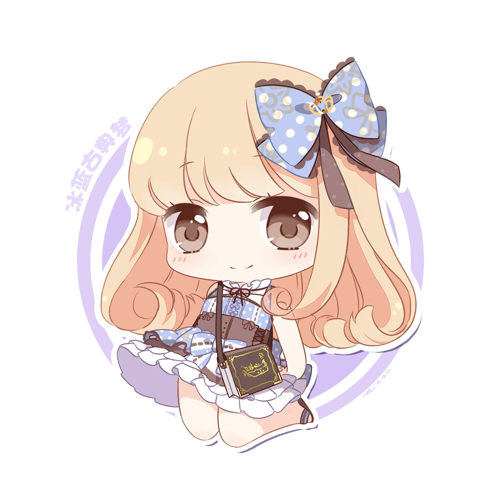 1girl bag bar_stool bare_arms bare_legs black_sandals blonde_hair blue_bow blue_dress blunt_bangs book bow brown_corset brown_eyes chibi chinese_commentary chinese_text circle closed_mouth collared_dress commentary_request corset cross-laced_clothes cross-laced_corset curly_hair dress eyelashes hair_bow happy high_collar ice_blue_classical_dream_(miracle_nikki) jumping kexi_shi_ge_hentai lace-trimmed_bow lace_trim light_blush long_hair looking_at_viewer miracle_nikki neck_ribbon nikki_(series) outline polka_dot polka_dot_bow polka_dot_dress ribbon ribbon-trimmed_bow ribbon_trim sandals short_dress shoulder_bag signature sleeveless sleeveless_dress smile solo stool translation_request very_long_hair waist_bow white_background white_outline