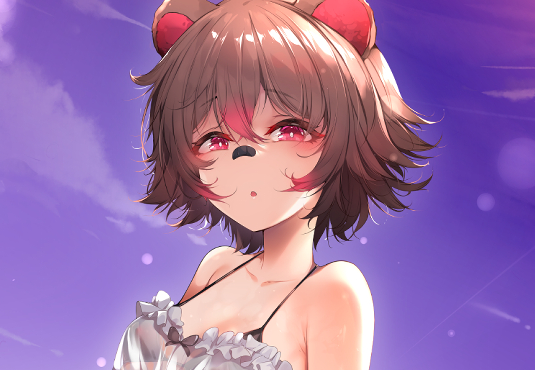 1girl animal_ears babydoll bandaid bandaid_on_face bandaid_on_nose bare_shoulders bikini black_bikini breasts bright_pupils brown_hair colored_tips commentary_request cropped frilled_babydoll hair_between_eyes indie_virtual_youtuber kana616 looking_at_viewer micro_bikini multicolored_hair raccoon_ears raccoon_girl rakkun_sutaru rakkun_sutaru_(1st_costume) red_eyes red_hair second-party_edit second-party_source short_hair sky small_breasts solo spanish_commentary swimsuit third-party_edit twilight two-tone_hair upper_body virtual_youtuber white_babydoll white_pupils
