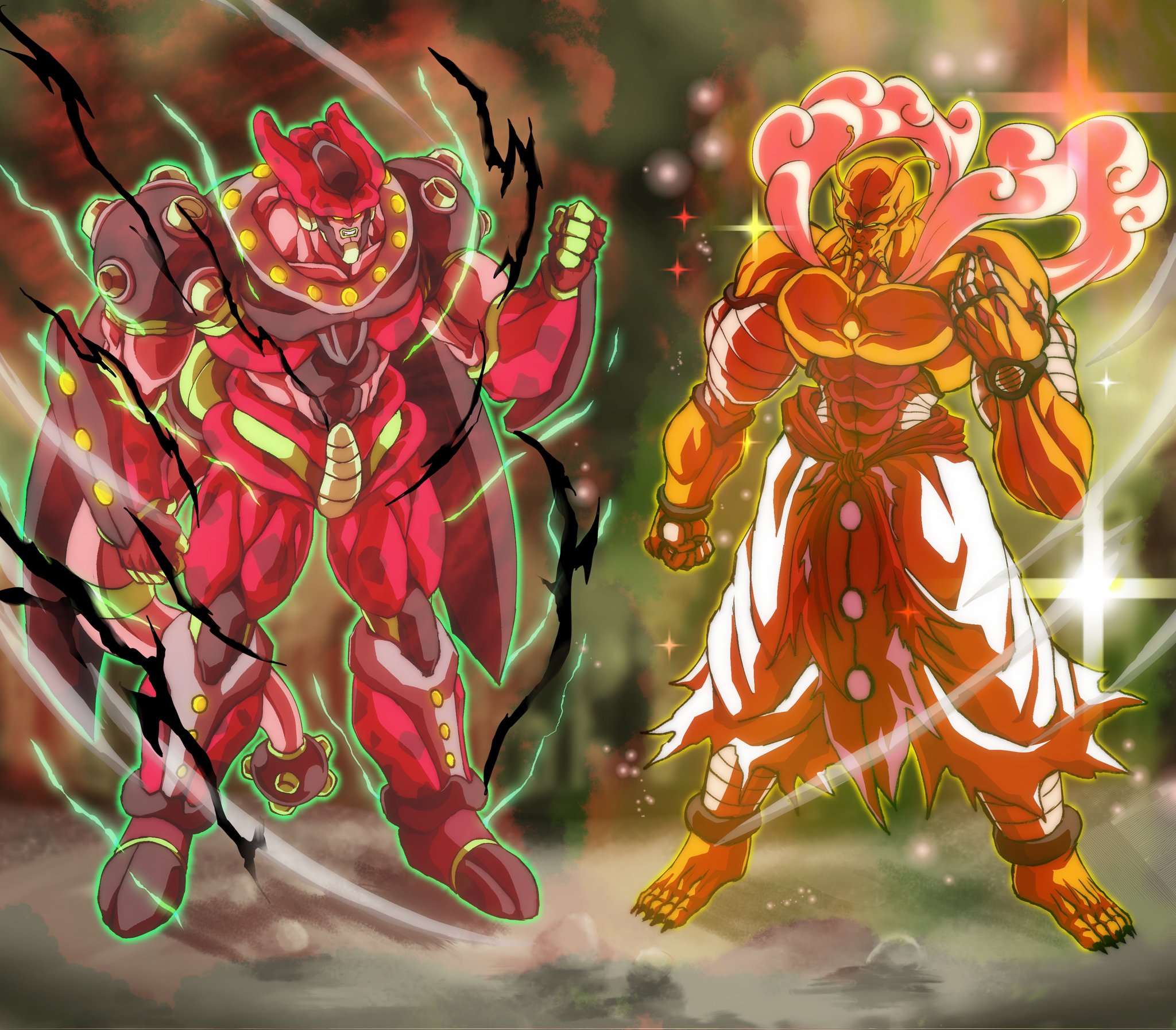 1boy 1other alternate_form antennae arm_up armor aura barefoot belt biomechanical black_carapace black_lightning black_nails black_wings carapace cell_max chin_spike cityscape clenched_hand clenched_hands cloud cloud_clothes cloudy_sky colored_skin commentary corrupted_twitter_file dragon_ball dragon_ball_super dragon_ball_super_super_hero energy english_commentary fingernails fog full_body glowing green_aura green_carapace green_lightning green_skin hand_up highres insect_wings lens_flare mace martial_arts_belt monster muscular muscular_male namekian orange_piccolo orange_skin outer_glow pants pelvic_curtain piccolo pink_skin red_carapace redesign reykovlor sharp_fingernails sharp_toenails shoulder_armor sky sparkle sparkling_aura tail toenails topless_male torn_belt torn_clothes torn_pants weapon white_pants wind wings yellow_aura yellow_eyes