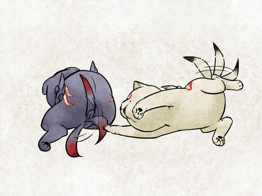 animal_focus chibi chibiterasu dark_chibiterasu dark_persona dog mojaranmo no_humans ookami_(game) ookamiden spoilers tail tail_wagging
