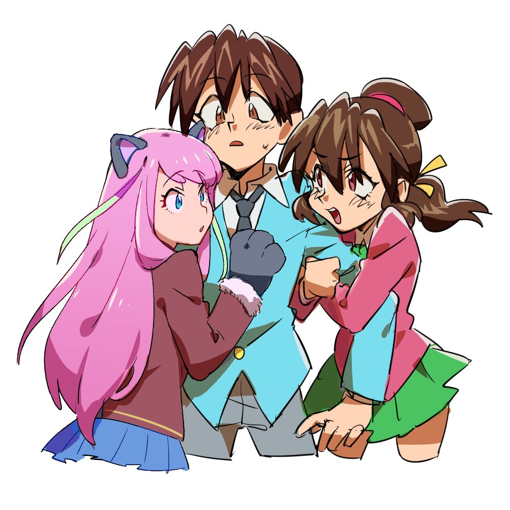 10s 1990s_(style) 1boy 2girls animal_ears animal_hands blue_suit brown_eyes brown_hair cat_ears cat_tail clinging cowboy_shot formal_clothes girl_sandwich gloves green_skirt grey_pants hashimoto_nyaa kotobuki_tsukasa_(style) long_hair matsuno_choromatsu multicolored_hair multiple_girls noruberusu open_mouth osomatsu-kun osomatsu-san osomatsu_(series) pants paw_gloves personality_switch pink_eyes pink_shirt pleated_skirt retro_artstyle sandwiched school_uniform shirt simple_background skirt streaked_hair suit sweatdrop tail white_background yowai_totoko