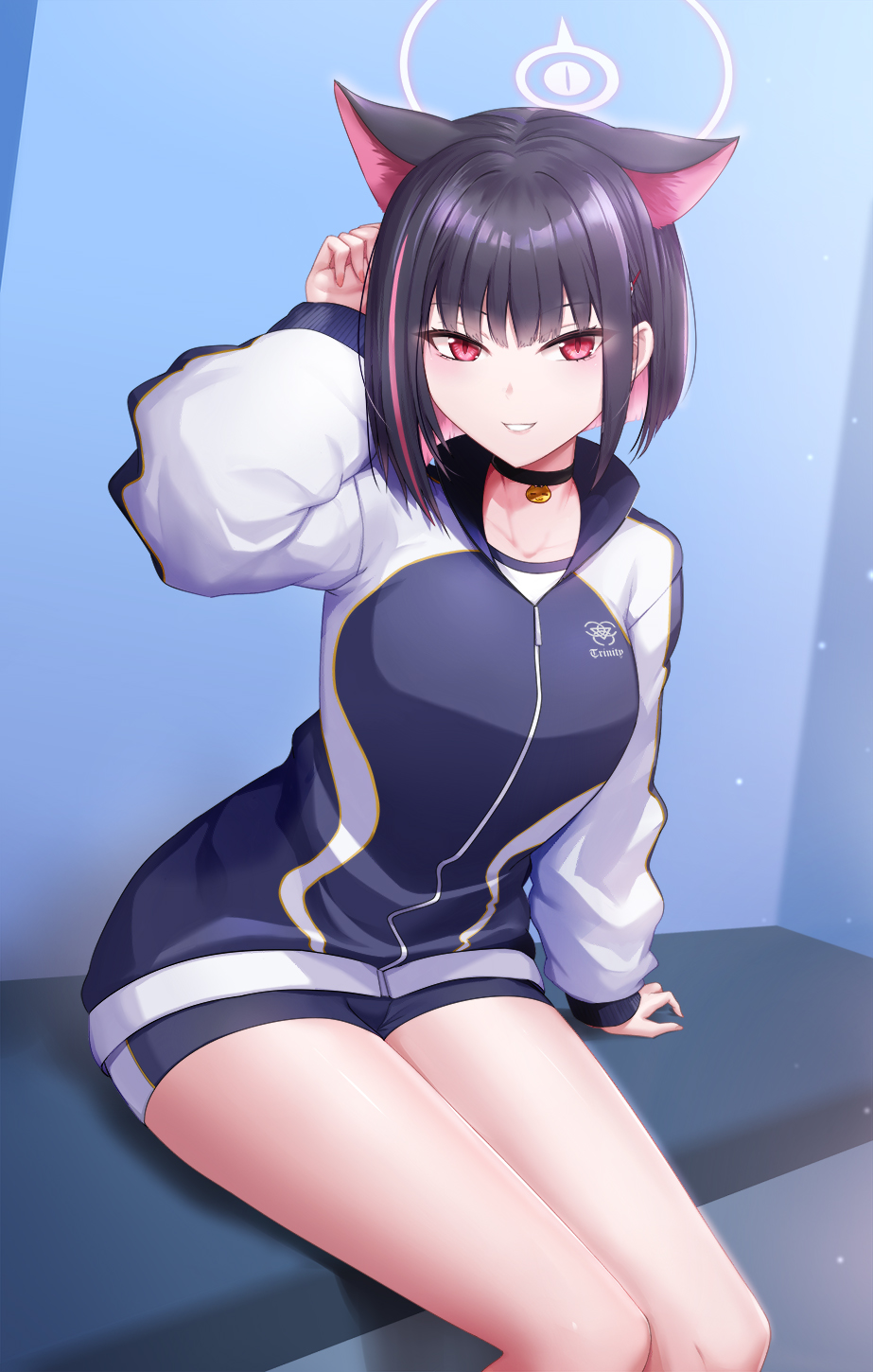 1girl animal_ears black_choker black_hair blue_archive cat_ears cat_girl choker colored_inner_hair commentary_request dtcy extra_ears halo highres jacket kazusa_(blue_archive) long_sleeves looking_at_viewer multicolored_hair pink_hair red_eyes short_hair sitting solo thighs track_jacket two-tone_hair white_halo