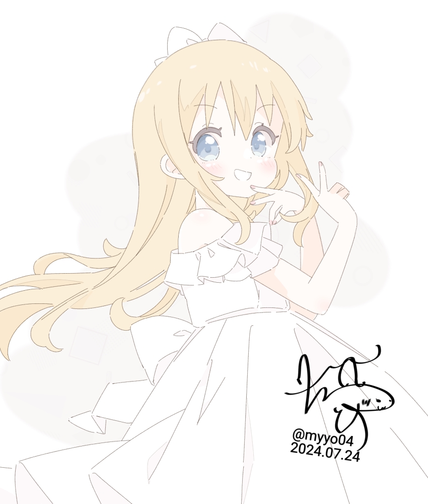 1girl alternate_costume bare_shoulders blonde_hair blue_eyes bow chame_(myyo04) child cowboy_shot dated dress from_side grin hair_bow long_hair looking_at_viewer signature simple_background smile solo toshinou_kyouko v white_background white_bow white_dress yuruyuri