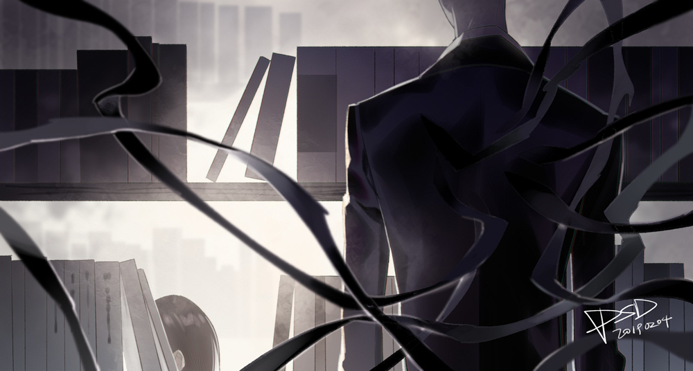 1girl 2boys black_suit bookshelf creepypasta formal_clothes jeff_the_killer multiple_boys psd_(psdgai) slender_man solo suit tentacles