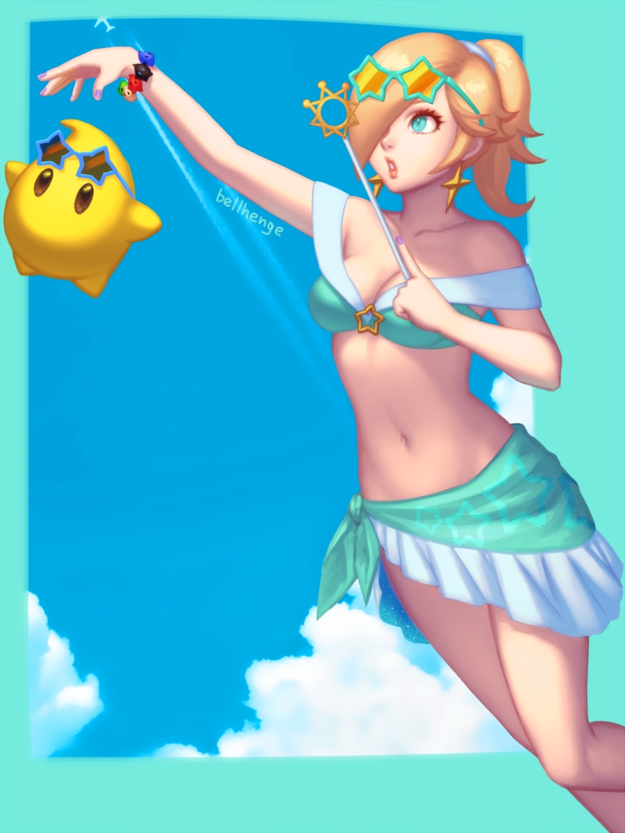 1girl bellhenge bikini blonde_hair chiko female_focus glasses hair_over_one_eye highres mario_(series) md5_mismatch nail_polish navel nintendo ocean resized resolution_mismatch rosalina sarong solo source_smaller stomach sunglasses sunglasses_on_head super_mario_bros._1 super_mario_galaxy swimsuit upscaled wand water