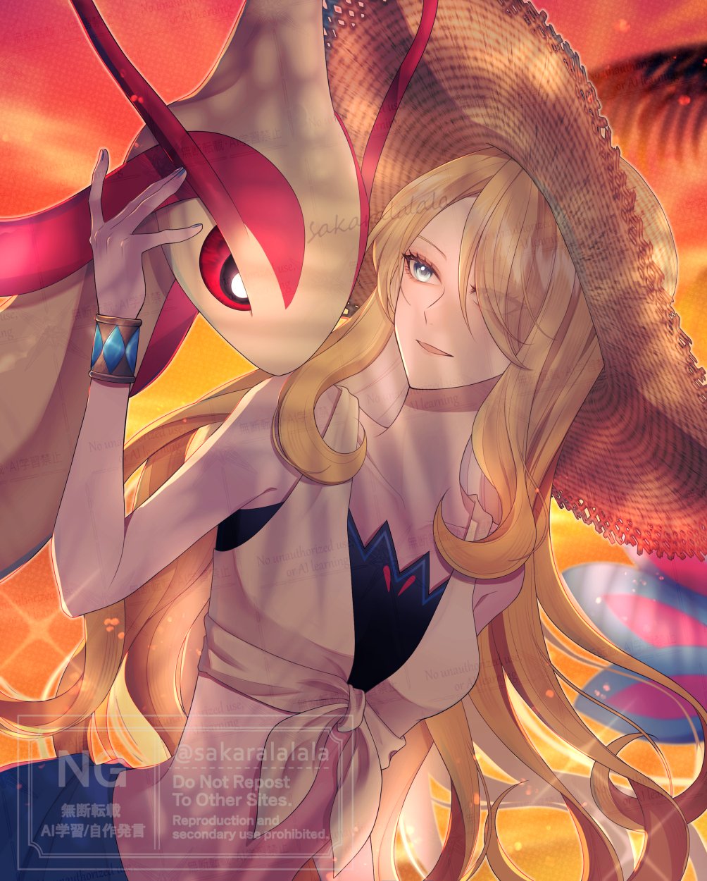 1girl bikini bikini_under_clothes blue_eyes blue_sarong bracelet breasts collarbone crop_top cynthia_(pokemon) cynthia_(summer_2025)_(pokemon) eyes_visible_through_hair gen_3_pokemon hair_over_one_eye hat highres jewelry long_hair milotic nail_polish nintendo official_alternate_costume orange_sky parted_lips pokemon pokemon_(creature) pokemon_masters_ex sakaralalala sarong shirt sky straw_hat sunset swimsuit tied_shirt upper_body very_long_hair