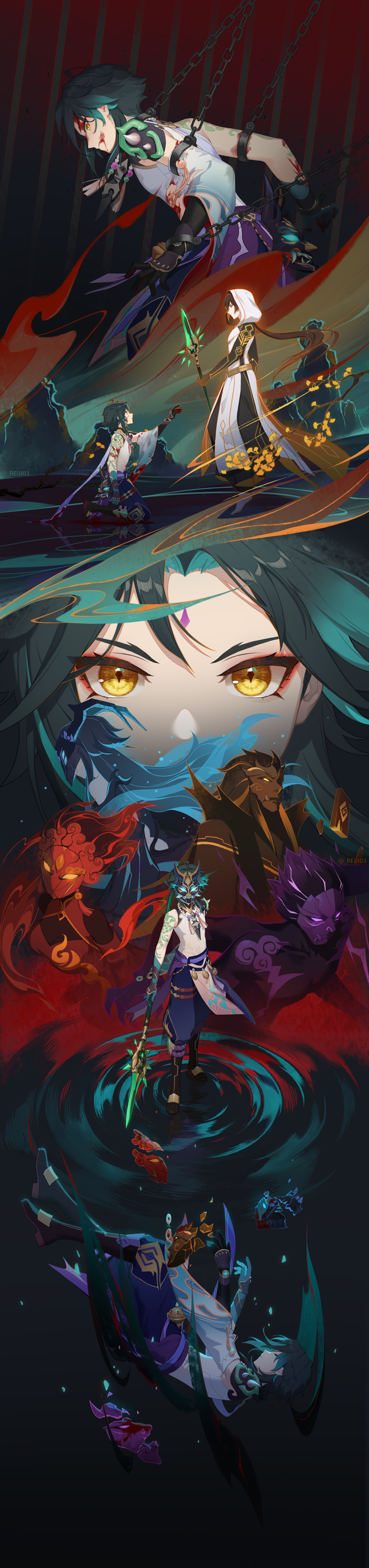 2girls 4boys absurdres bead_necklace beads blood bonanus_(genshin_impact) bosacius_(genshin_impact) bound broken_mask chain facial_mark falling forehead_mark genshin_impact highres holding holding_polearm holding_weapon hood hood_up hooded_robe indarias_(genshin_impact) jewelry long_hair long_image mask mask_on_head menogias_(genshin_impact) multicolored_hair multiple_boys multiple_girls necklace polearm primordial_jade_winged-spear_(genshin_impact) rj_(lingshih10) robe spear tall_image weapon xiao_(genshin_impact) zhongli_(genshin_impact)