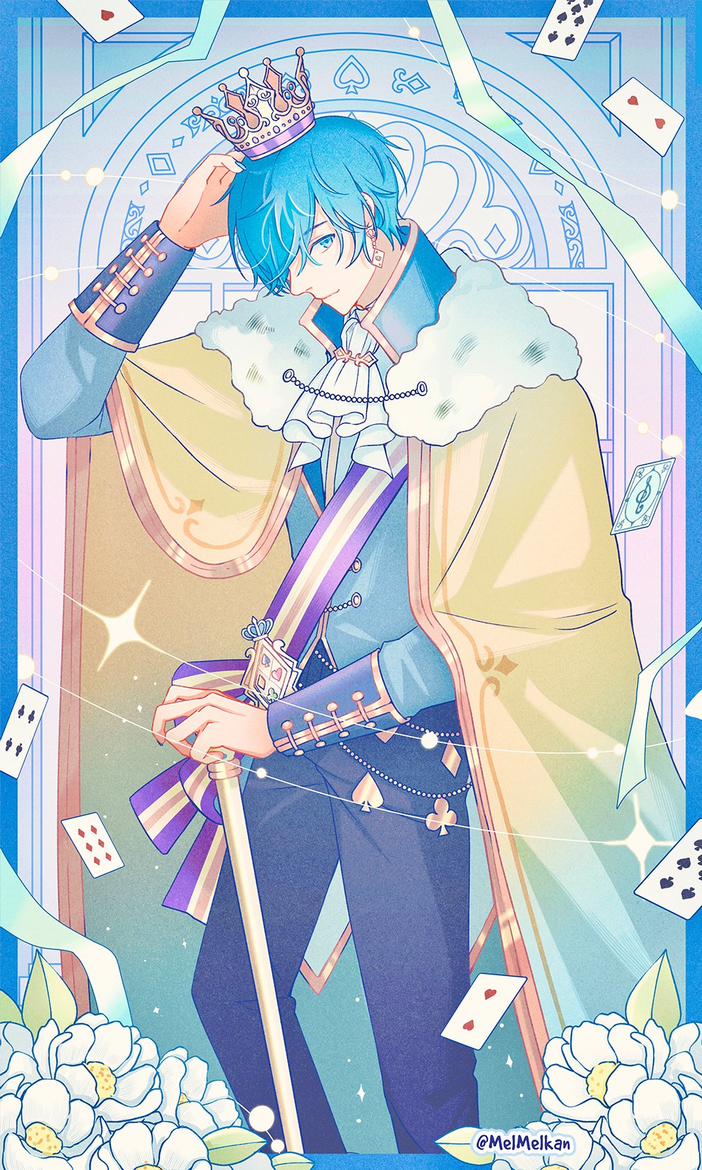 1boy arm_up ascot black_pants blue_eyes blue_hair blue_nails camellia cane cape card closed_mouth clover commentary crown diamond_(shape) earrings fingernails flower flower_request fur_trim heart highres jewelry kaito_(vocaloid) leaf long_sleeves looking_at_viewer male_focus melkan one_eye_covered pants playing_card project_sekai scepter short_hair sleeve_cuffs solo spade_(shape) twitter_username vocaloid white_ascot white_flower wonderlands_x_showtime_(project_sekai) wonderlands_x_showtime_kaito