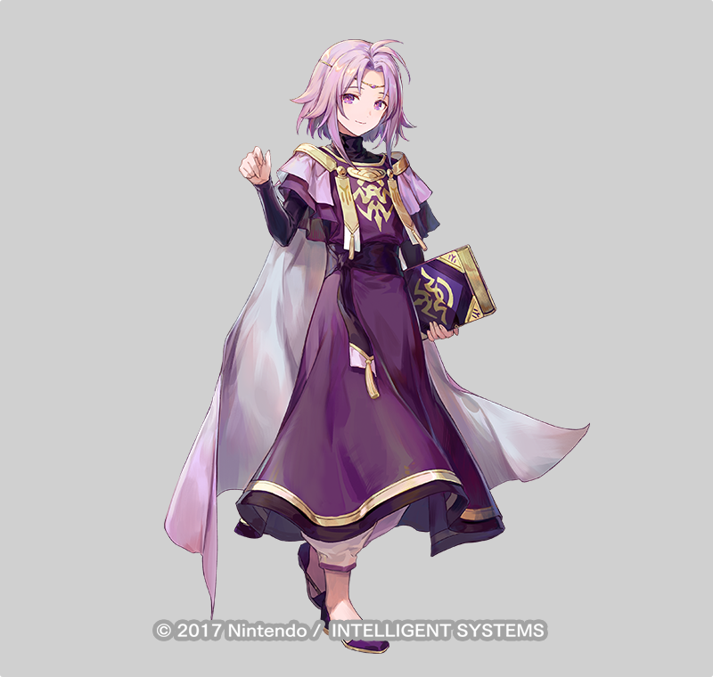 1boy aged_down azu-taro book cape child circlet copyright_notice fire_emblem fire_emblem:_the_sacred_stones fire_emblem_heroes flats full_body grey_background hand_up holding holding_book light_smile looking_at_viewer lyon_(fire_emblem) lyon_(grado&#039;s_gaze)_(fire_emblem) male_focus medium_hair nintendo official_art purple_eyes purple_hair robe solo standing