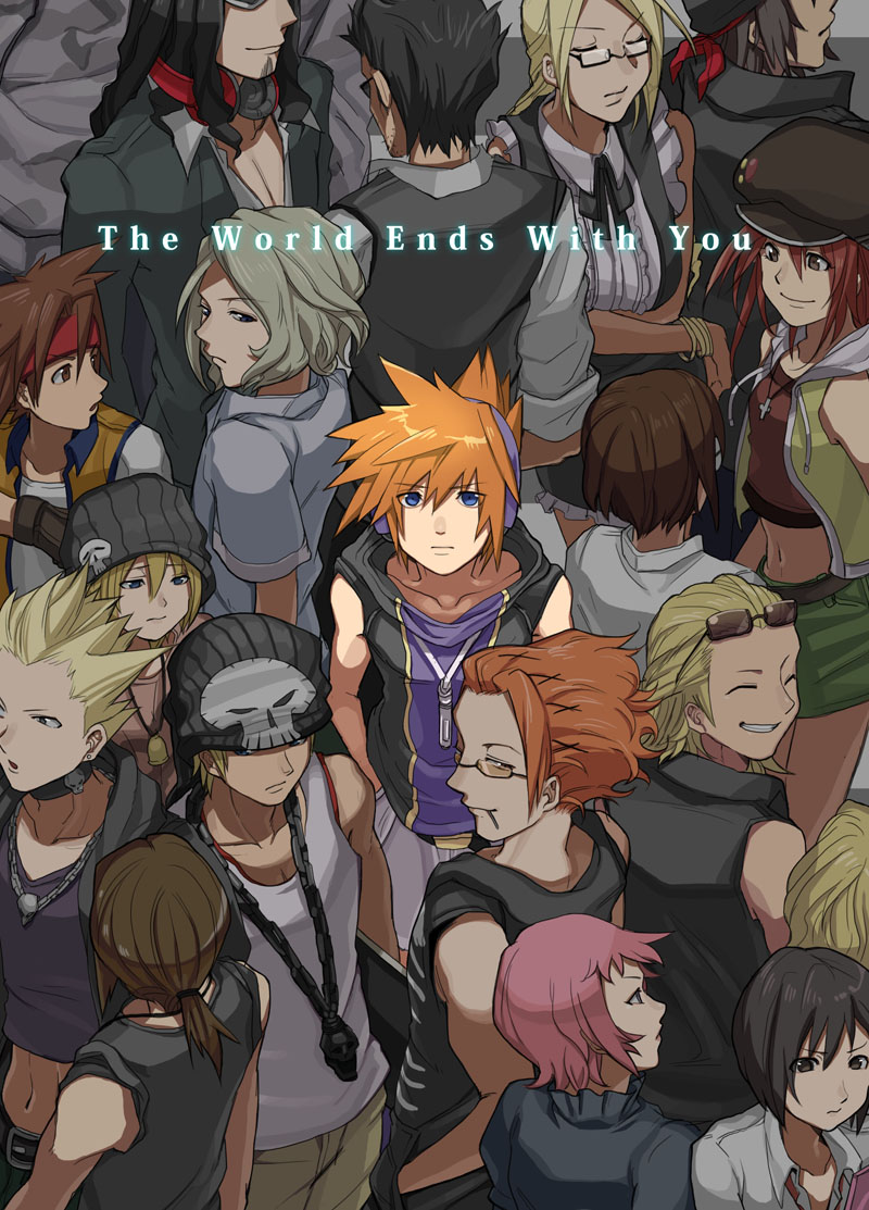 777_(subarashiki_kono_sekai) badge bandana bare_shoulders beanie belt bito_daisukenojo bito_raimu black_collar black_hair black_suit blonde_hair blue_eyes bracelet brown-tinted_eyewear brown_hair brown_pants button_badge cabbie_hat candy cellphone chain chain_necklace closed_eyes collar collarbone copyright_name crop_top cross cross_necklace dan_shuuto digital_media_player digital_walkman everyone eyewear_on_head facial_hair flip_phone food formal_clothes frilled_shirt frills futoshi_(subarashiki_kono_sekai) goatee_stubble green_skirt grey_shirt hair_ornament hairclip hands_in_pockets hanekoma_sanae hat hat_ornament headband headphones headphones_around_neck honjo_sota hood hood_down hoodie jewelry kariya_koki kiryu_yoshiya kitaniji_megumi konishi_mitsuki lollipop long_hair long_sleeves midriff mina_(subarashiki_kono_sekai) minamimoto_sho miniskirt misaki_shiki neck_ribbon necklace ohji130 orange-tinted_eyewear orange_hair pants pectoral_cleavage pectorals phone pink_hair ponytail red_hair red_headband ribbon sakuraba_neku semi-rimless_eyewear shirt short_hair short_ponytail short_sleeves shorts skirt skull_hat_ornament skull_necklace sleeveless sleeveless_hoodie sleeves_rolled_up spiked_hair stubble subarashiki_kono_sekai suit suspender_skirt suspenders tank_top tinted_eyewear vest walkman_nw-s203f white_shirt white_shorts yashiro_uzuki