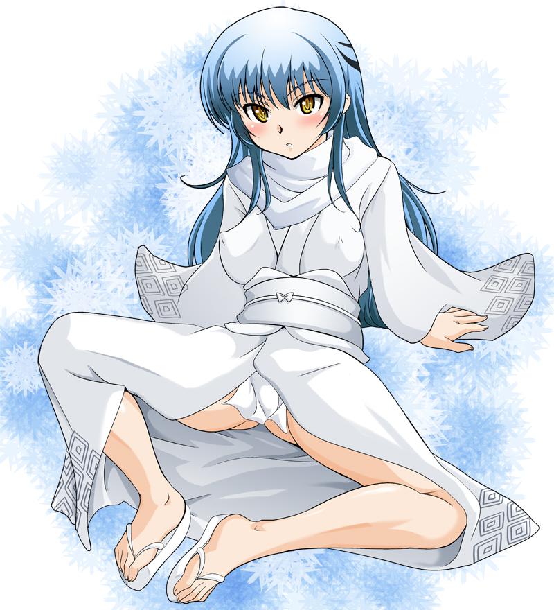 1girl 2010 blue_hair blush breasts japanese_clothes kimono large_breasts long_hair looking_at_viewer medium_breasts nurarihyon_no_mago oikawa_tsurara ryumage sandals sitting spread_legs white_kimono white_sandals yellow_eyes yuki_onna_(nurarihyon_no_mago)