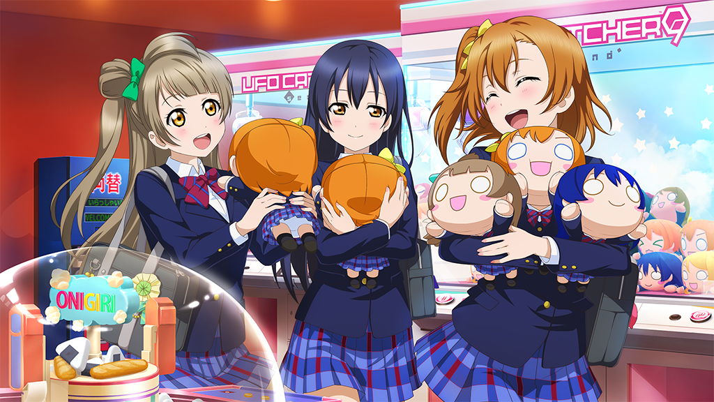 3girls :d ^_^ arcade ayase_eli bag bag_charm blazer blue_hair blue_jacket blue_skirt blush bow bowtie bread brown_eyes brown_hair character_doll charm_(object) closed_eyes cowboy_shot crane_game diagonal-striped_bow diagonal-striped_bowtie diagonal-striped_clothes doll dress_shirt food green_bow hair_between_eyes hair_bow hands_up holding holding_bag holding_doll hoshizora_rin hugging_doll hugging_object indoors jacket koizumi_hanayo kosaka_honoka long_hair long_sleeves looking_at_another looking_at_object looking_to_the_side love_live! love_live!_school_idol_project minami_kotori miniskirt multiple_girls nesoberi nishikino_maki official_art one_side_up onigiri open_mouth orange_hair otonokizaka_school_uniform plaid_clothes plaid_skirt pleated_skirt puchiguru_love_live! red_bow red_bowtie school_bag school_uniform shirt skirt smile sonoda_umi standing striped_clothes teeth upper_teeth_only white_shirt winter_uniform yazawa_nico yellow_bow yellow_eyes
