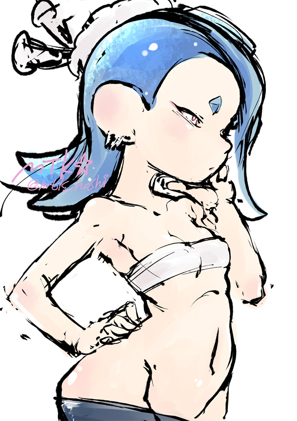 bare_shoulders blue_hair breasts clothes_pull earrings hair_ornament hand_on_chin hand_on_own_hip jewelry midriff mtk_hoshi multiple_earrings navel nintendo pants pants_pull red_eyes sash shiver_(splatoon) simple_background small_breasts splatoon_(series) splatoon_3 tentacle_hair white_background
