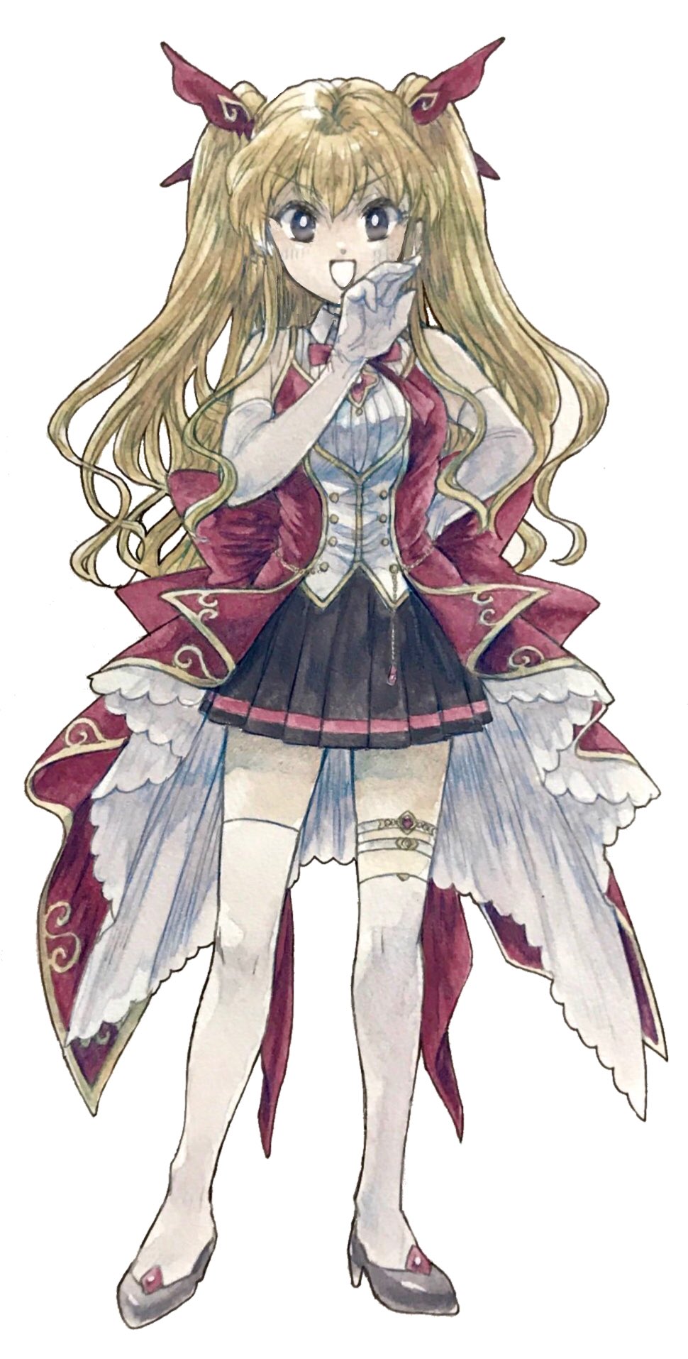 1girl :d ami_ria arm_behind_back asymmetrical_legwear back_bow black_skirt blonde_hair blush bow coat coattails collared_shirt elbow_gloves frilled_thigh_strap full_body gloves grey_eyes grey_footwear high_heels highres legs_apart long_hair looking_at_viewer magia_record:_mahou_shoujo_madoka_magica_gaiden magical_girl mahou_shoujo_madoka_magica miniskirt mixed_media neck_ribbon ojou-sama_pose open_mouth pink_bow pink_coat pink_ribbon pleated_skirt ribbed_shirt ribbon shirt simple_background skirt sleeveless sleeveless_coat sleeveless_shirt smile solo standing thigh_strap thighhighs two_side_up uwded_207 v-shaped_eyebrows very_long_hair wavy_hair white_background white_gloves white_shirt white_thighhighs zettai_ryouiki