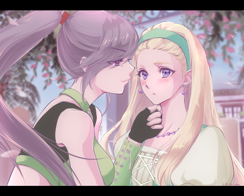 2girls akehata_hikari arm_guards bead_necklace beads black_border black_gloves black_sports_bra blonde_hair blue_sky blurry blurry_background blush border bra breasts commentary_request couple dragon_quest dragon_quest_xi earrings eye_contact fingerless_gloves floating_hair gem gloves green_bra green_hairband hair_pulled_back hairband hand_on_another&#039;s_chin high_ponytail jewelry large_breasts letterboxed long_hair looking_at_another martina_(dq11) multiple_girls necklace outdoors parted_lips ponytail profile puffy_sleeves purple_eyes purple_gemstone purple_hair senya_(dq11) shirt sky small_breasts sphere_earrings sports_bra underwear upper_body white_shirt yuri