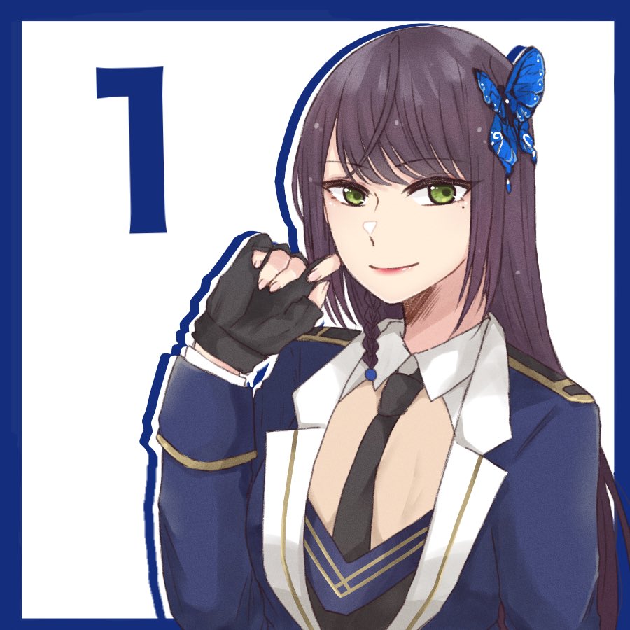 1girl arm_at_side assault_lily black_gloves black_necktie blue_border blue_jacket border braid brown_hair butterfly_hair_ornament closed_mouth collared_shirt commentary cosplay countdown epaulettes fingerless_gloves fingernails funada_kiito funada_kiito_(cosplay) gloves green_eyes hair_ornament hand_up ishii_haruna jacket long_hair long_sleeves looking_at_viewer mole mole_under_eye necktie nigari_(ngari_0115) outside_border real_life shirt side_braid simple_background single_braid smile solo upper_body voice_actor voice_actor_connection white_background white_shirt