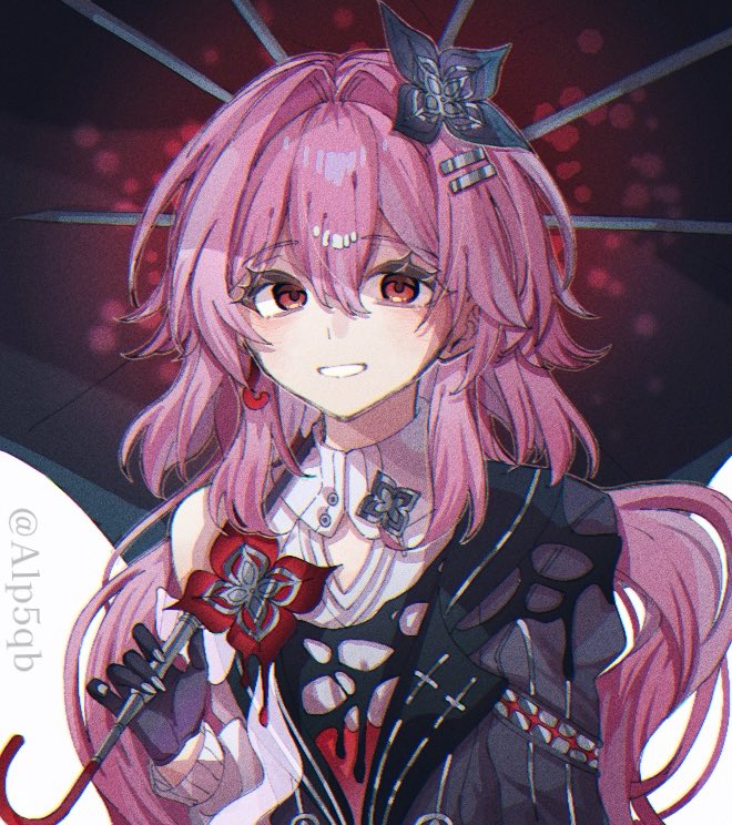 1girl alp5qb collar dress evernight_(honkai:_star_rail) flower gloves hair_between_eyes hair_flower hair_ornament hairclip hashtag-only_commentary holding holding_umbrella honkai:_star_rail honkai_(series) layered_dress layered_sleeves long_hair looking_at_viewer march_7th_(honkai:_star_rail) parallel_hairclips pink_hair red_eyes single_bare_shoulder smile twitter_username umbrella upper_body very_long_hair