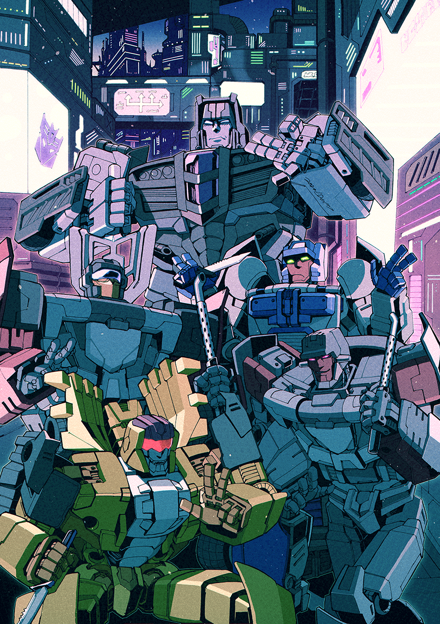1980s_(style) 5boys assault_visor blue_visor borezet breakdown_(transformers) building city combat_knife dead_end_(transformers) decepticon double_v dragstrip glowing glowing_eyes green_eyes highres holding holding_knife holding_sword holding_weapon industrial_pipe insignia knife looking_at_viewer machine machinery mecha motormaster multiple_boys no_humans oldschool outdoors red_eyes red_visor retro_artstyle robot sharp_teeth signature smile smirk stunticon sword teeth town transformers transformers:_generation_1 v weapon wheel wildrider yellow_eyes
