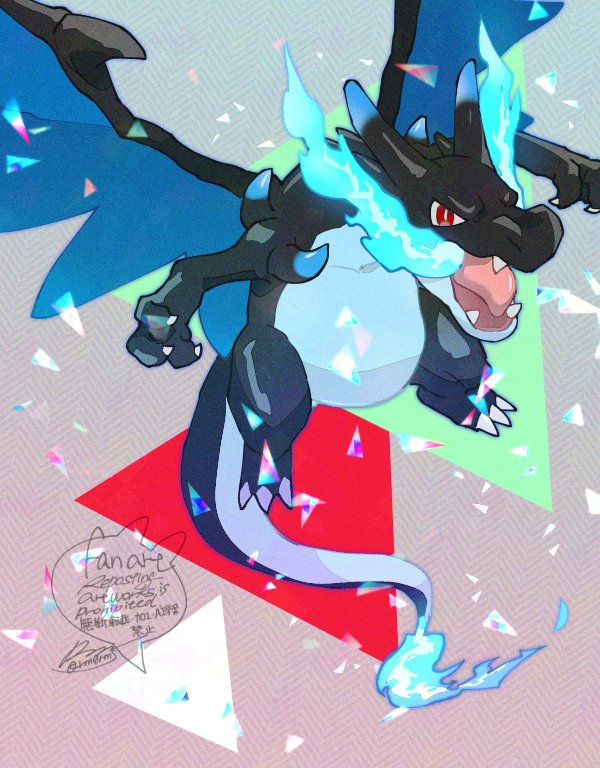 blue_fire bright_pupils charizard claws commentary_request fangs fire flame-tipped_tail gen_1_pokemon mega_charizard_x mega_pokemon nintendo no_humans open_mouth pokemon pokemon_(creature) pokemon_focus red_eyes sagemaru-br signature solo tail tongue white_pupils