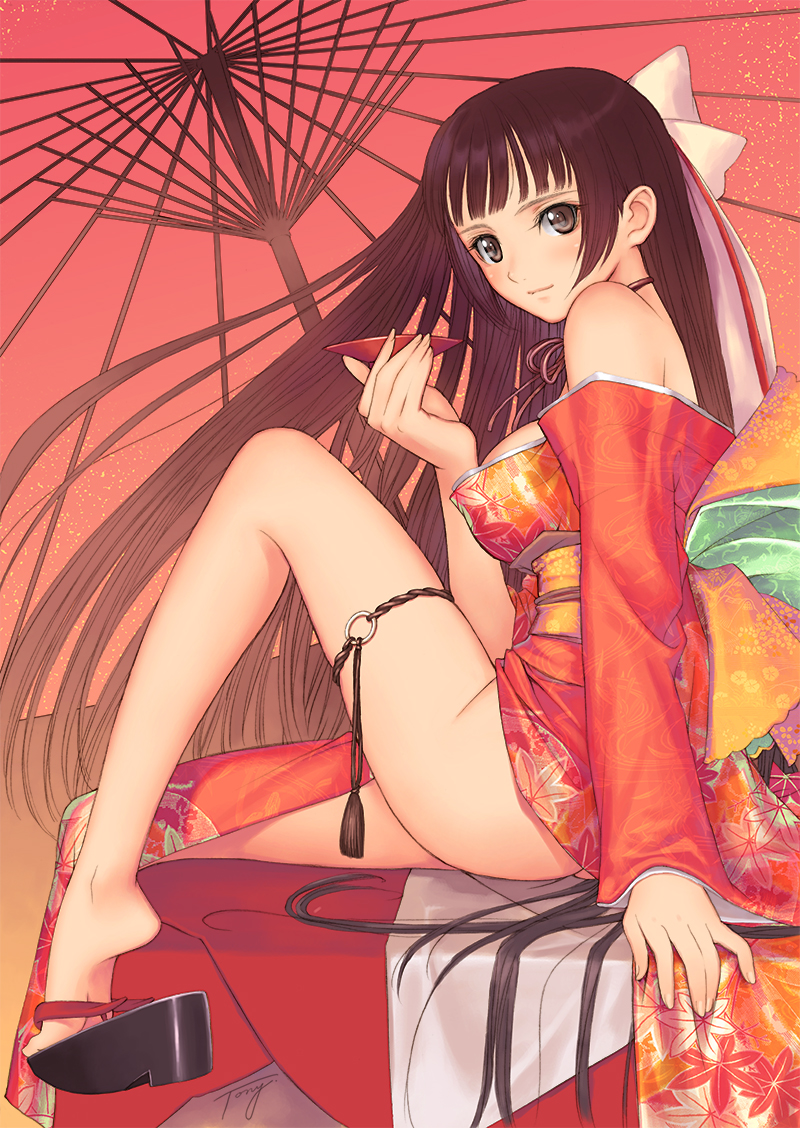 1girl alcohol barefoot black_hair brown_eyes feet japanese_clothes kimono long_hair long_sleeves obi obiage obijime oil-paper_umbrella okobo original photoshop_(medium) platform_sandals red_kimono revision sake sandals sash solo thigh_strap tony_taka umbrella