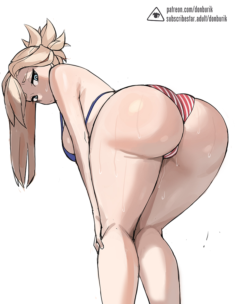 1girl alternate_hair_color american_flag american_flag_bikini american_flag_print ass bent_over bikini blonde_hair blue_eyes blush breasts commentary donburi_(donburikazoku) fat_mons fate/grand_order fate_(series) flag_print flag_print_bikini from_behind kneepits large_breasts legs long_hair looking_at_viewer looking_back miyamoto_musashi_(fate) outline ponytail print_bikini short_ponytail signature simple_background solo spiked_hair sweat sweatdrop swimsuit thighs watermark web_address white_background worried