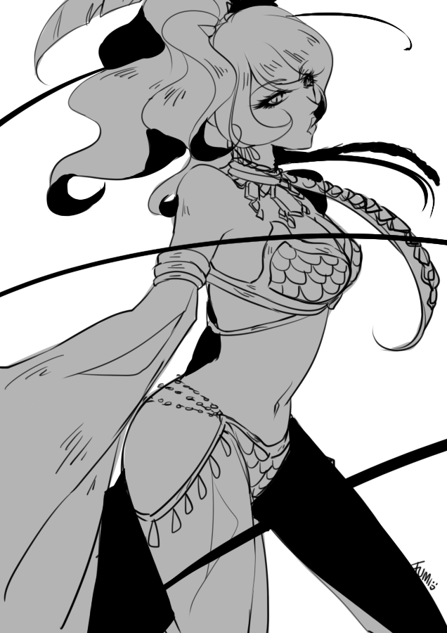 1girl breasts cleavage cowboy_shot detached_sleeves fumiddition gem greyscale gypsy_(ragnarok_online) harem_pants high_ponytail jewelry long_hair looking_at_viewer medium_breasts monochrome navel necklace pants ponytail ragnarok_online simple_background solo