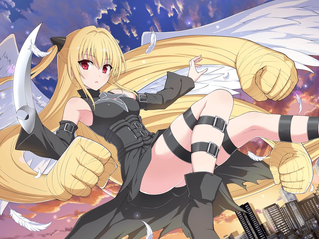 1girl belt belt_buckle black_belt black_boots black_dress black_sleeves blonde_hair boots breasts buckle city closed_mouth crossover detached_sleeves dress hair_intakes hair_ornament hair_weapon konjiki_no_yami leg_belt long_hair long_sleeves looking_at_viewer official_art outdoors red_eyes senran_kagura senran_kagura_new_link short_dress sidelocks skindentation sleeveless sleeveless_dress small_breasts solo sword to_love-ru two_side_up very_long_hair weapon wide_sleeves yaegashi_nan